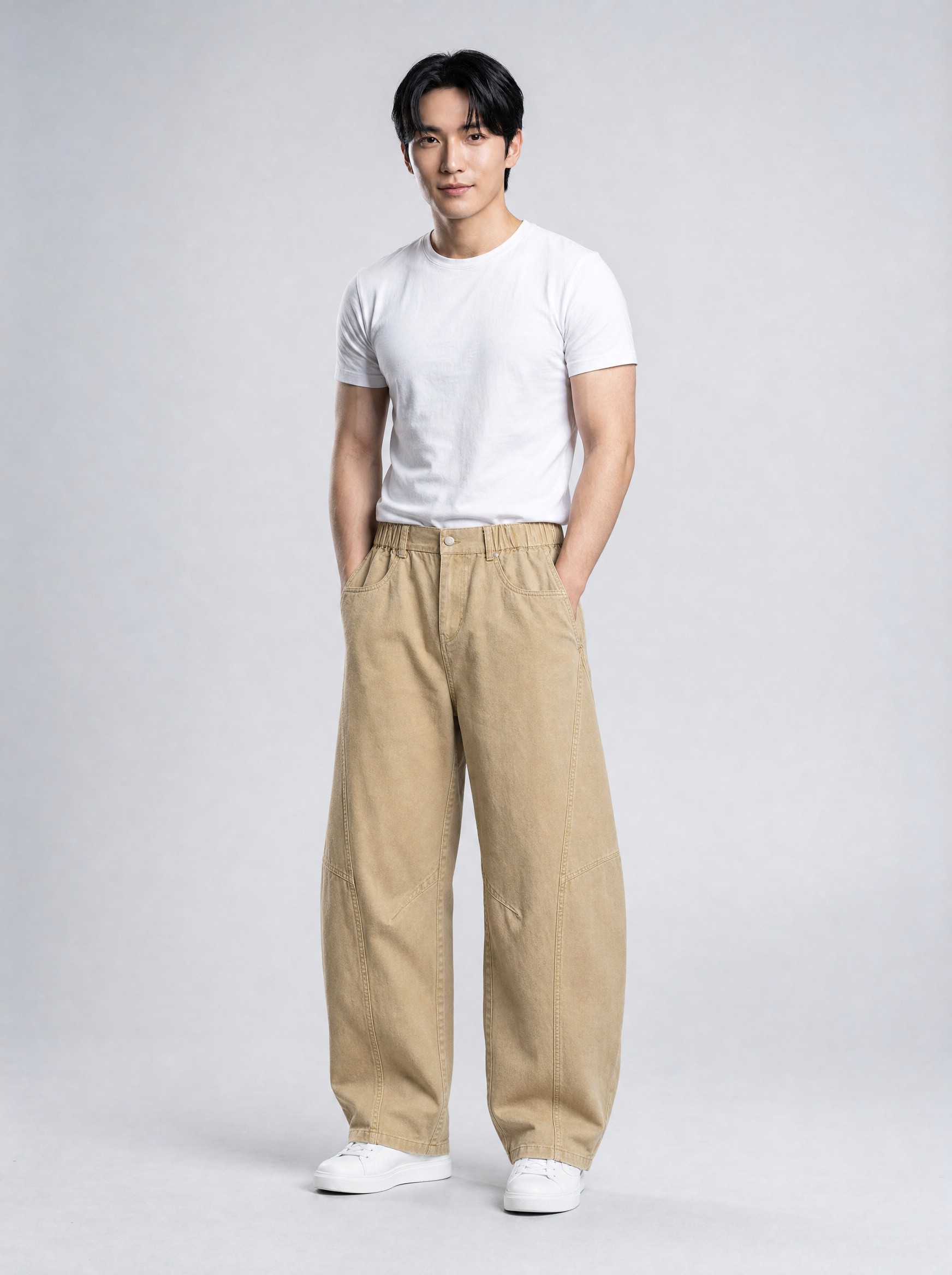 Patchwork Straight-Leg Trousers in khaki, AI-rendered on the house model from the product photo