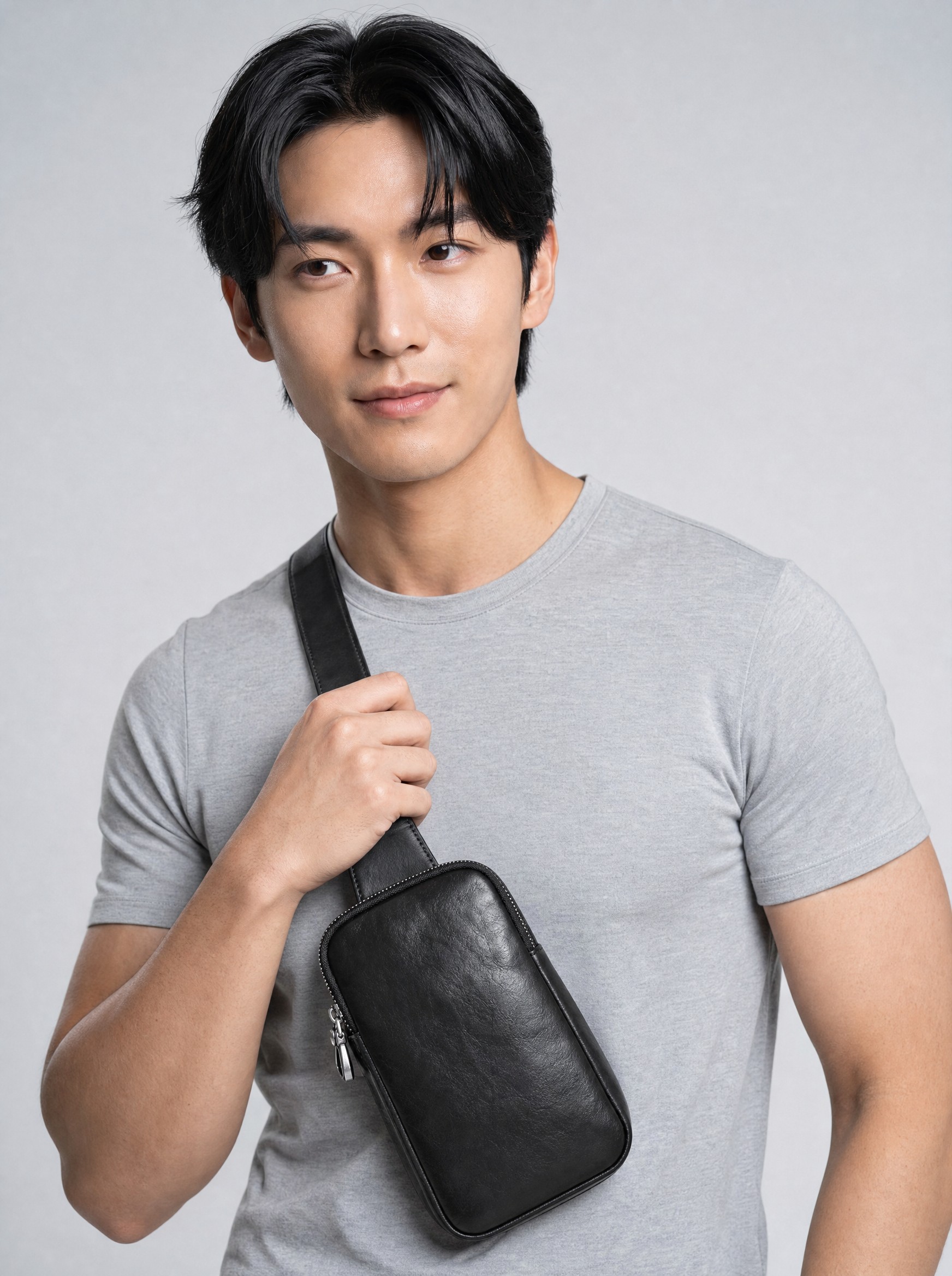 Small Leather Sling Bag in black, AI-rendered on the house model from the product photo