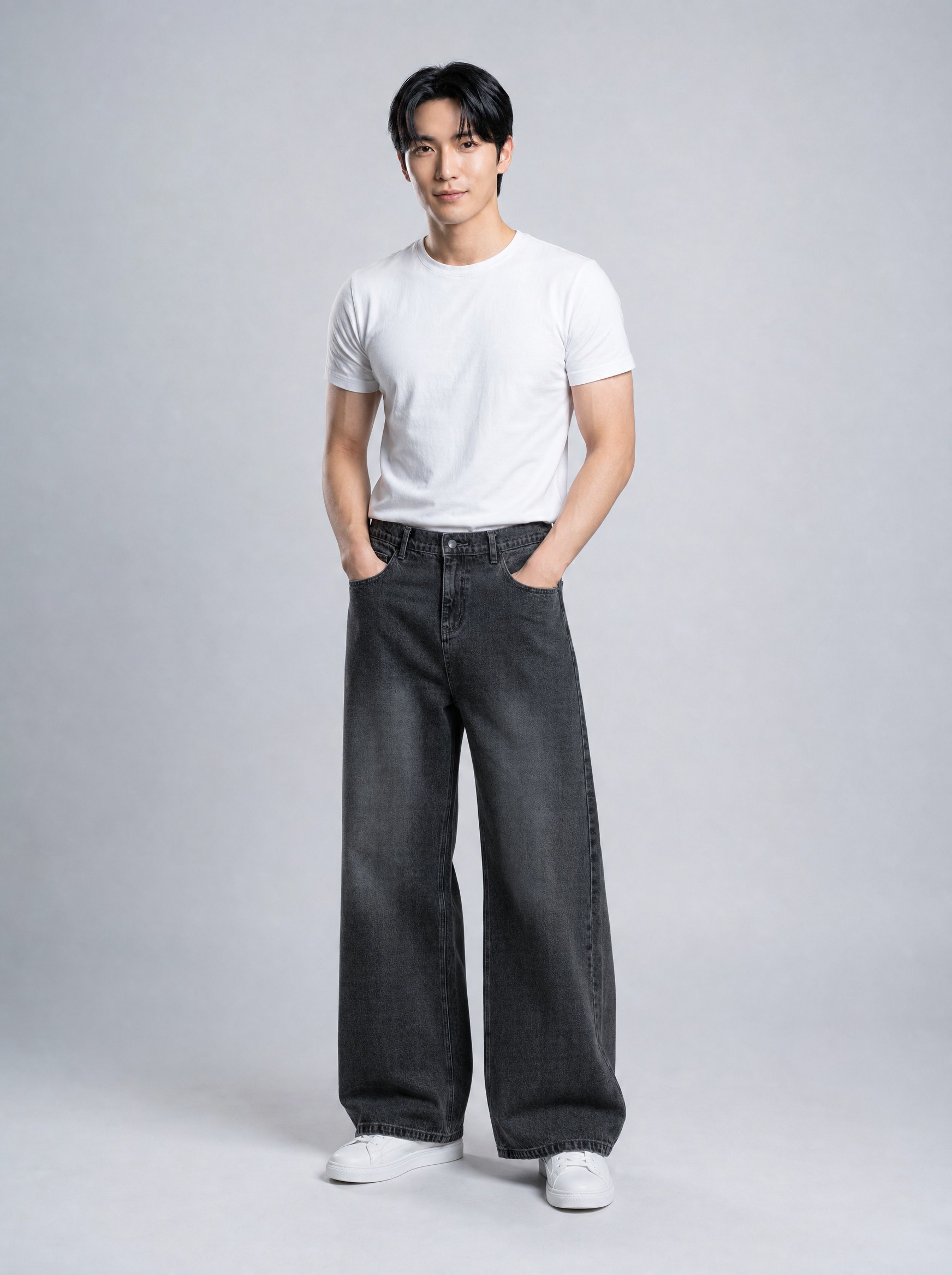 Washed Straight-Leg Jeans in black, AI-rendered on the house model from the product photo