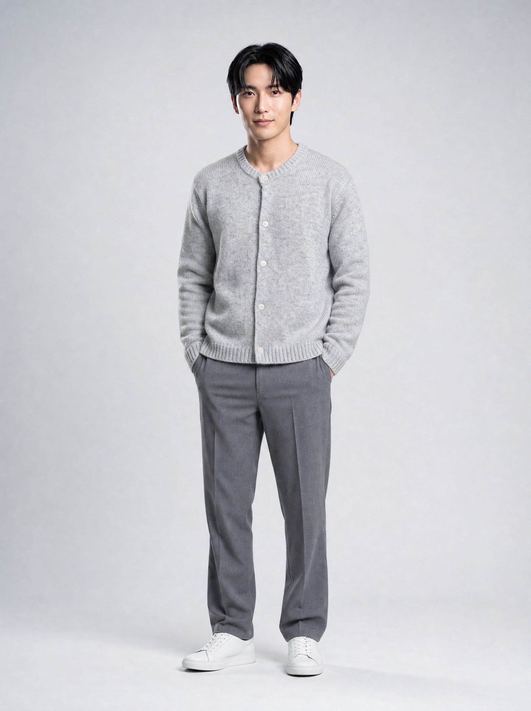 Knitted Crew-Neck Cardigan in heather grey, AI-rendered on the house model from the product photo