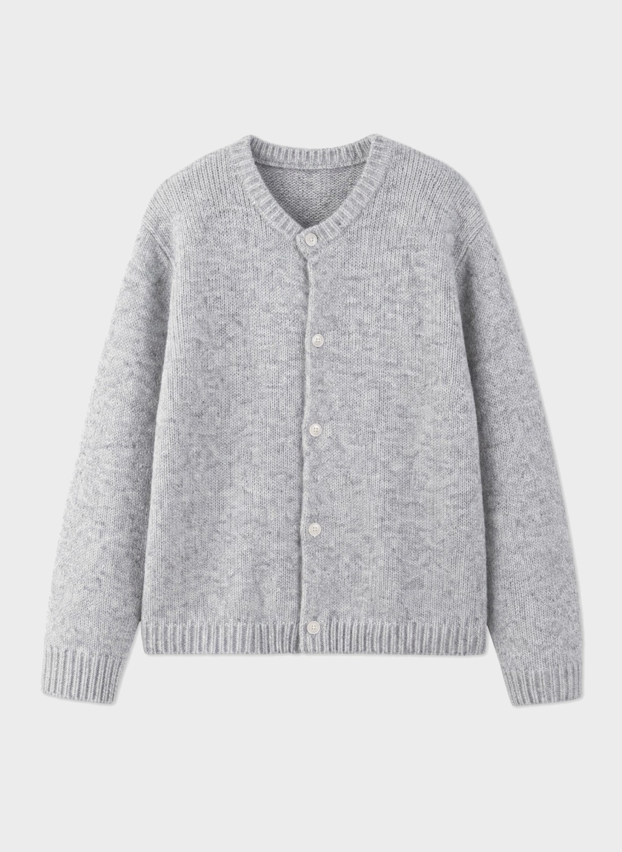 Knitted Crew-Neck Cardigan in heather grey, flat product view