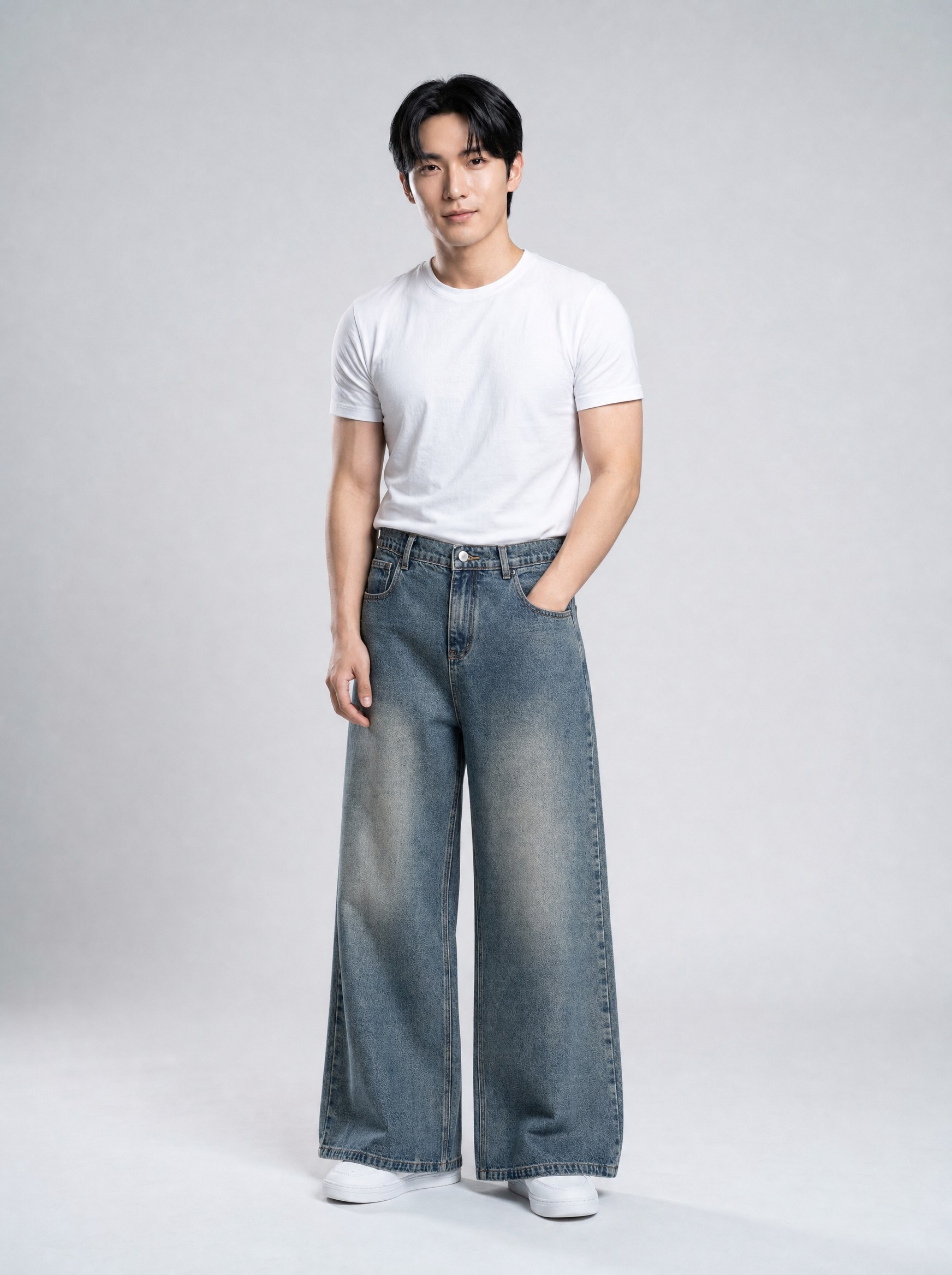 Distressed Wide-Leg Jeans in blue, AI-rendered on the house model from the product photo